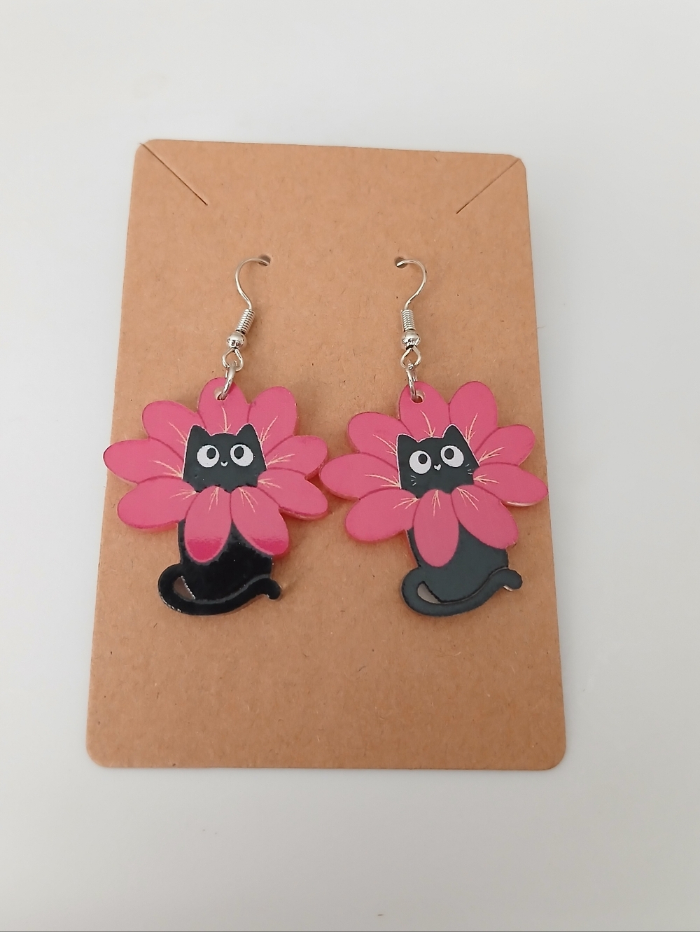 Fashion Jewelry Pink Flower Cat Dangle Earrings